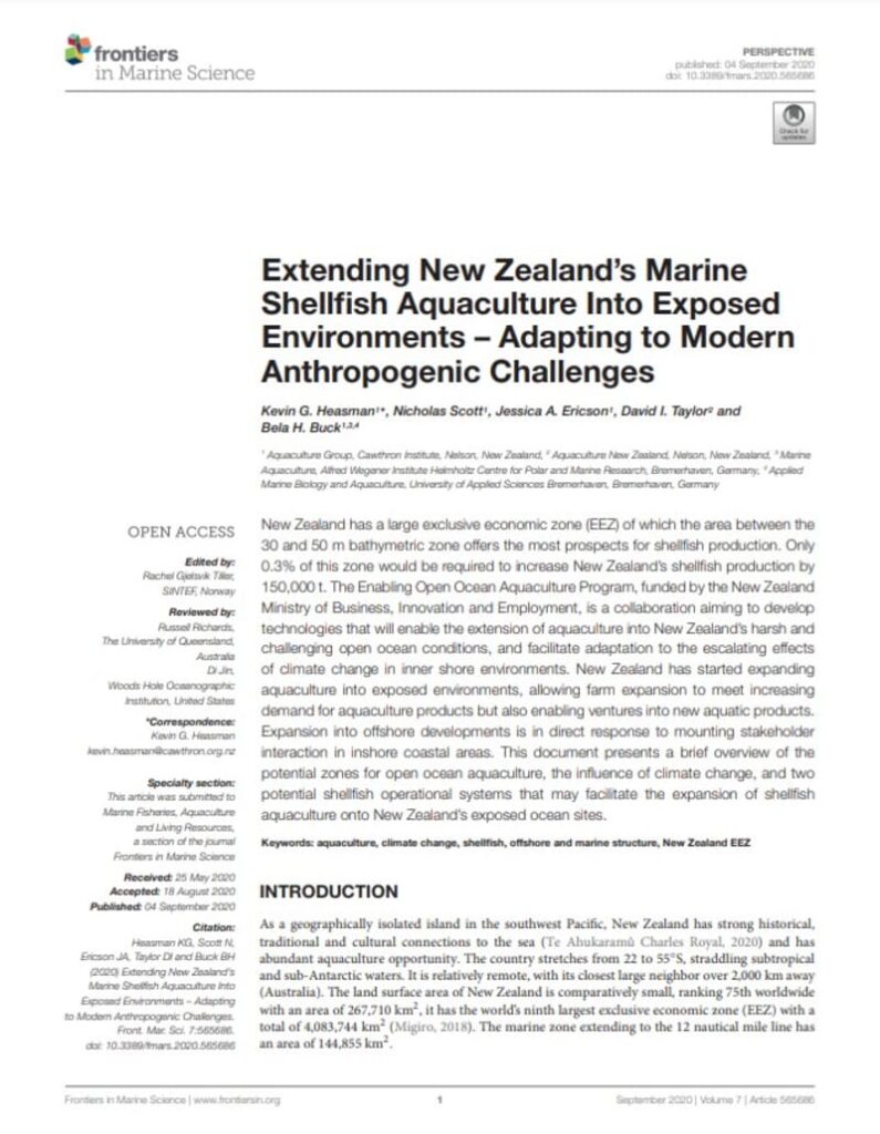 Paper: Extending New Zealand’s Marine Shellfish Aquaculture Into Exposed Environments